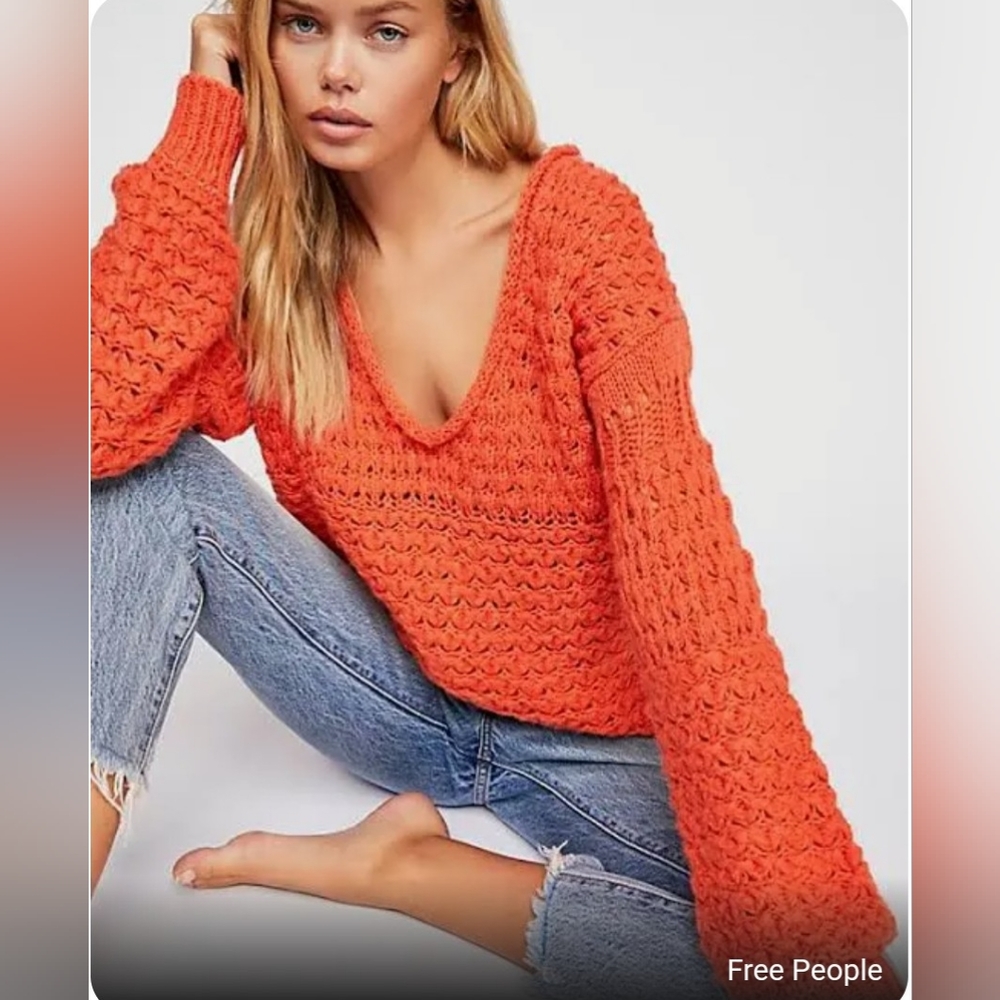 𝅺FREE PEOPLE ORANGE Crashing Waves Pullover Chunky Knit Oversize Sweater Size S